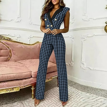 

Rompers for women Women s Color Matching Button V-neck Printing Stitching Slim Jumpsuit CHMORA