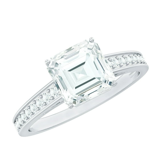 Rosec Jewels Certified Moissanite Solitaire Engagement Ring with Side Stones - 8 mm Asscher Cut - 3 Ct - D-VS1 Quality, 925 Sterling Silver, US 4.00