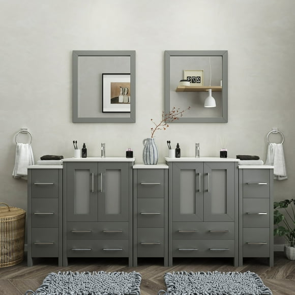 Vanity Art 84 in. W Double Sink Bathroom Vanity with Ceramic Top and Free Mirrors