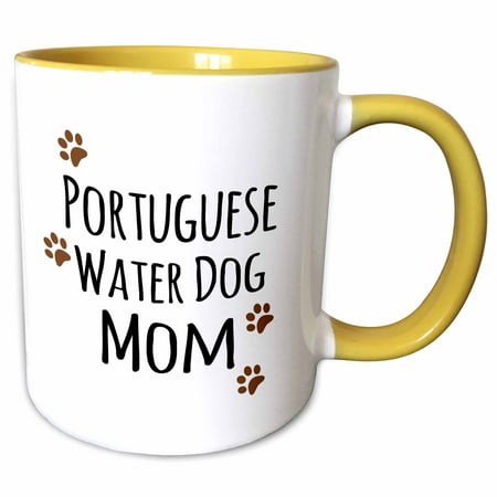 3dRose Portuguese Water Dog Mom - Doggie by breed - muddy brown paw print doggy lover proud mama pet owner - Two Tone Yellow Mug,