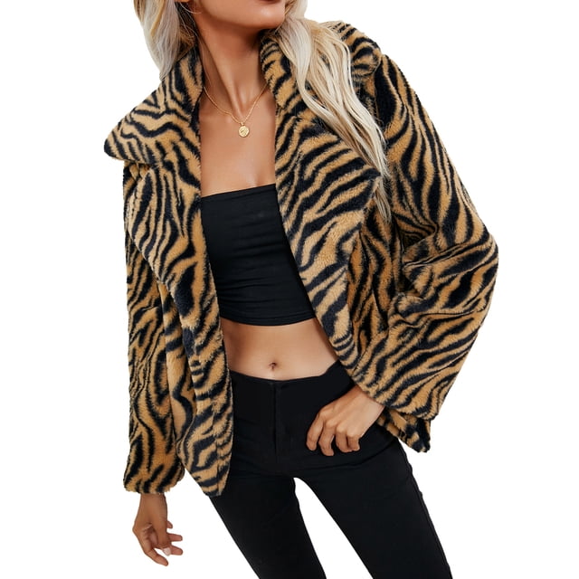 Manteau Cardigan à Col Rabattu pour Femmes Imprimé Léopard Zèbre Manches Longues Manteau en Peluche