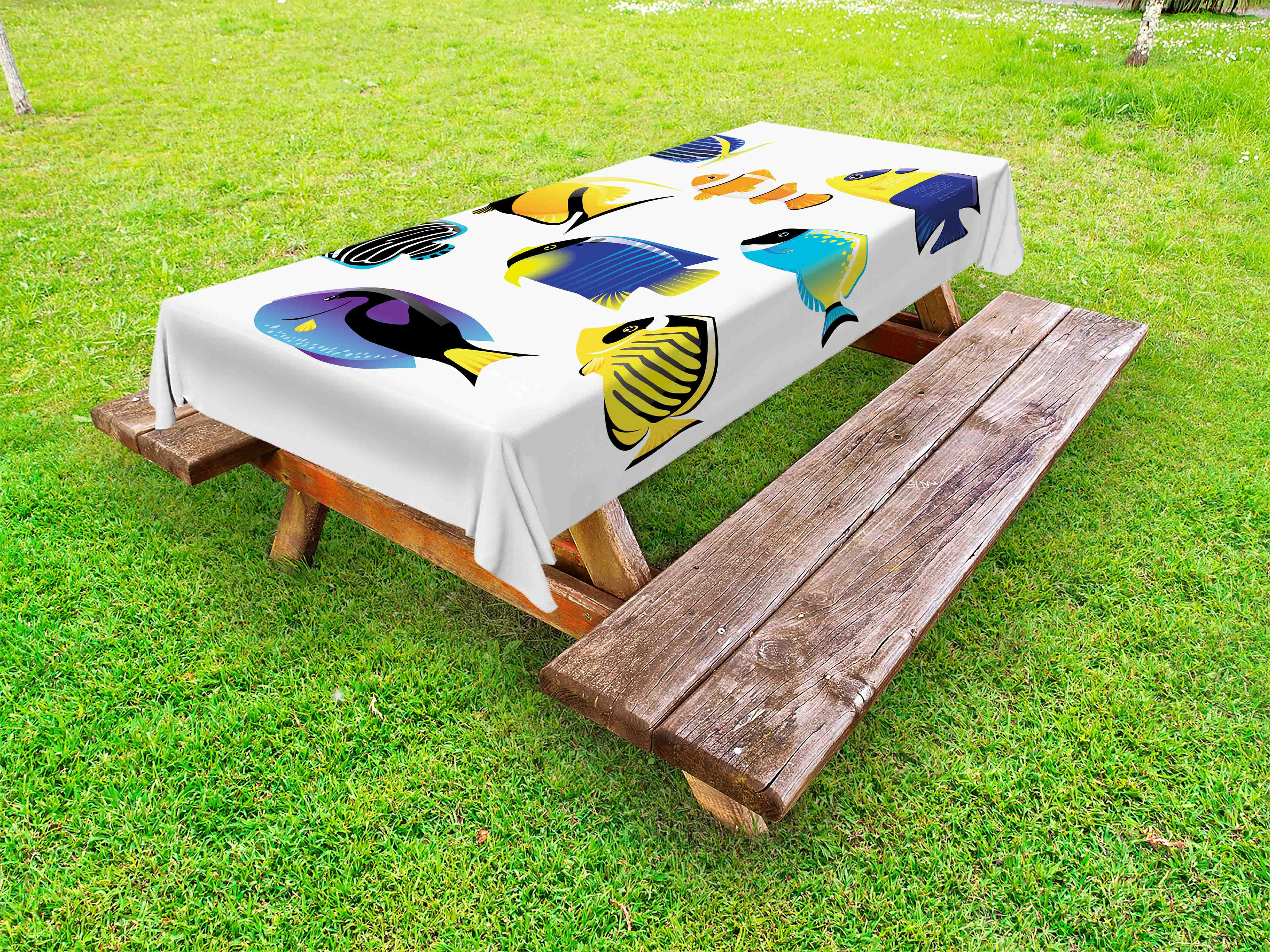 Fish Outdoor Tablecloth, Various Types of Sea Creatures with Atlantic ...