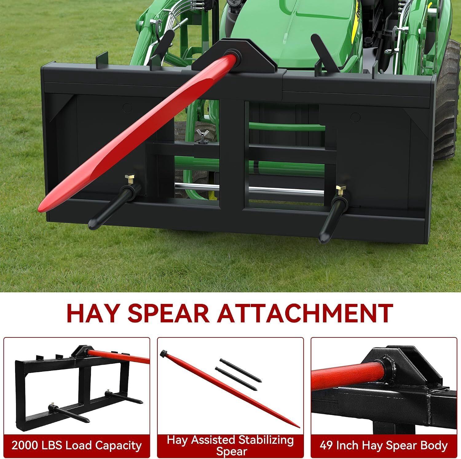 Uforic 49" Hay Bale Spear Attachment, 2000 LBS Quick Attach Fits Bobcat Skid Steer & Tractor, 1 Red 49" Main Spear + 2 Black 17" Stabilizer Spikes
