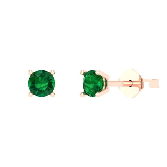 14K Solid Gold Push Back Stud Earrings for Women | 0.2 cttw Round Cut Simulated Emerald | Rose Gold