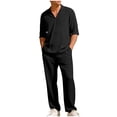 thumbnail image 2 of Havenre Men's 2 Piece Textured Sets Lightweight Casual Elbow-Length Sleeve Lapel Collar V Neck Shirts and Elastic Waist Beach Pants with Pockets Summer Vacation Outfits Black L, 2 of 10