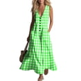 thumbnail image 4 of Makaor Linen Dresses for Women Plus Size A Line Button Maxi Dresses Sleeveless Gingham V Neck Beach Vacation Clothes with Pockets Green XL, 4 of 7
