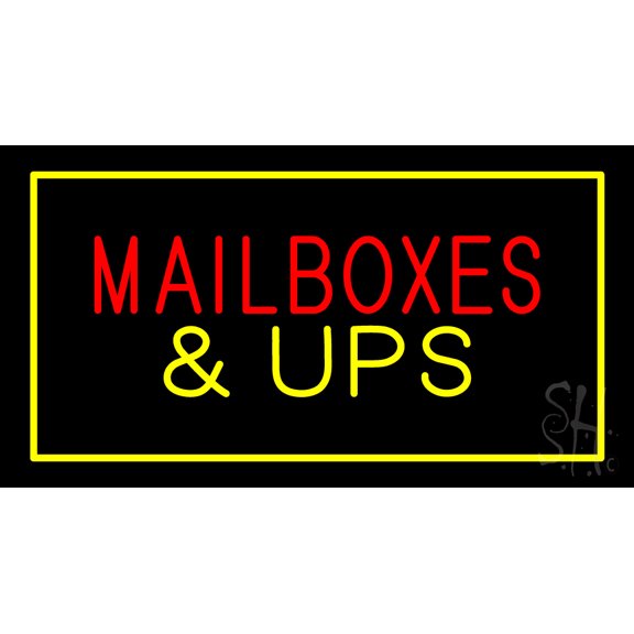 Mail Boxes and UPS Rectangle Yellow LED Neon Sign 20 x 37 - inches, Black Square Cut Acrylic Backing, with Dimmer - Bright and Premium built indoor LED Neon Sign for Store interior and stroefront