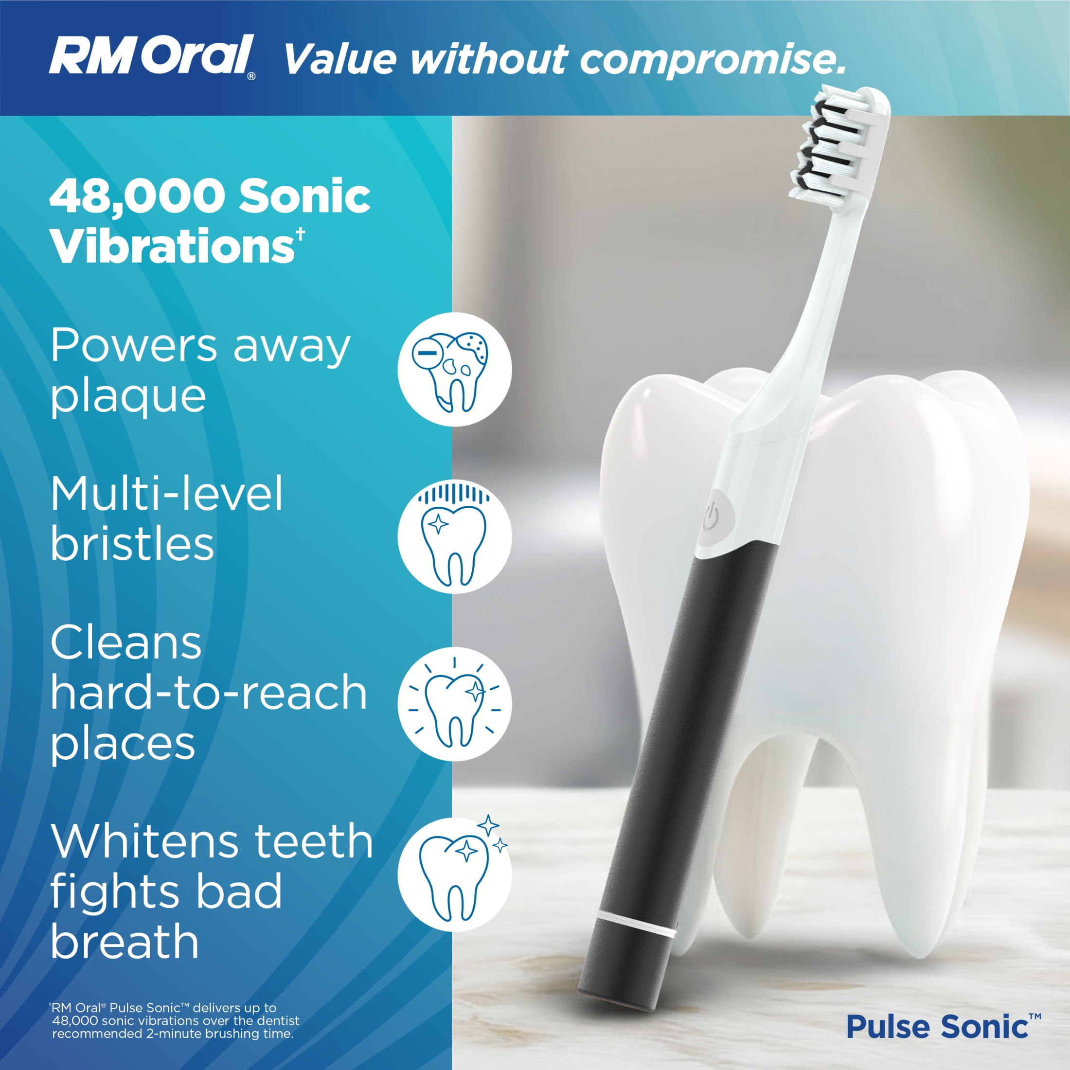 RM ORAL Pulse Sonic Powered Toothbrush, Metal Handle, Case, Soft - Black