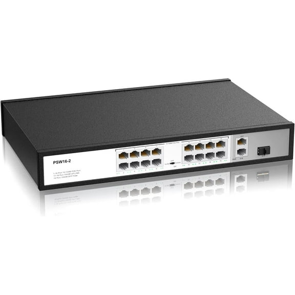 16 Port 10/100Mbps PoE Switch with 2 Gigabit Uplink Ports, Up to 30W Per Port, Total Budget 250W, 803.af/at Compliant