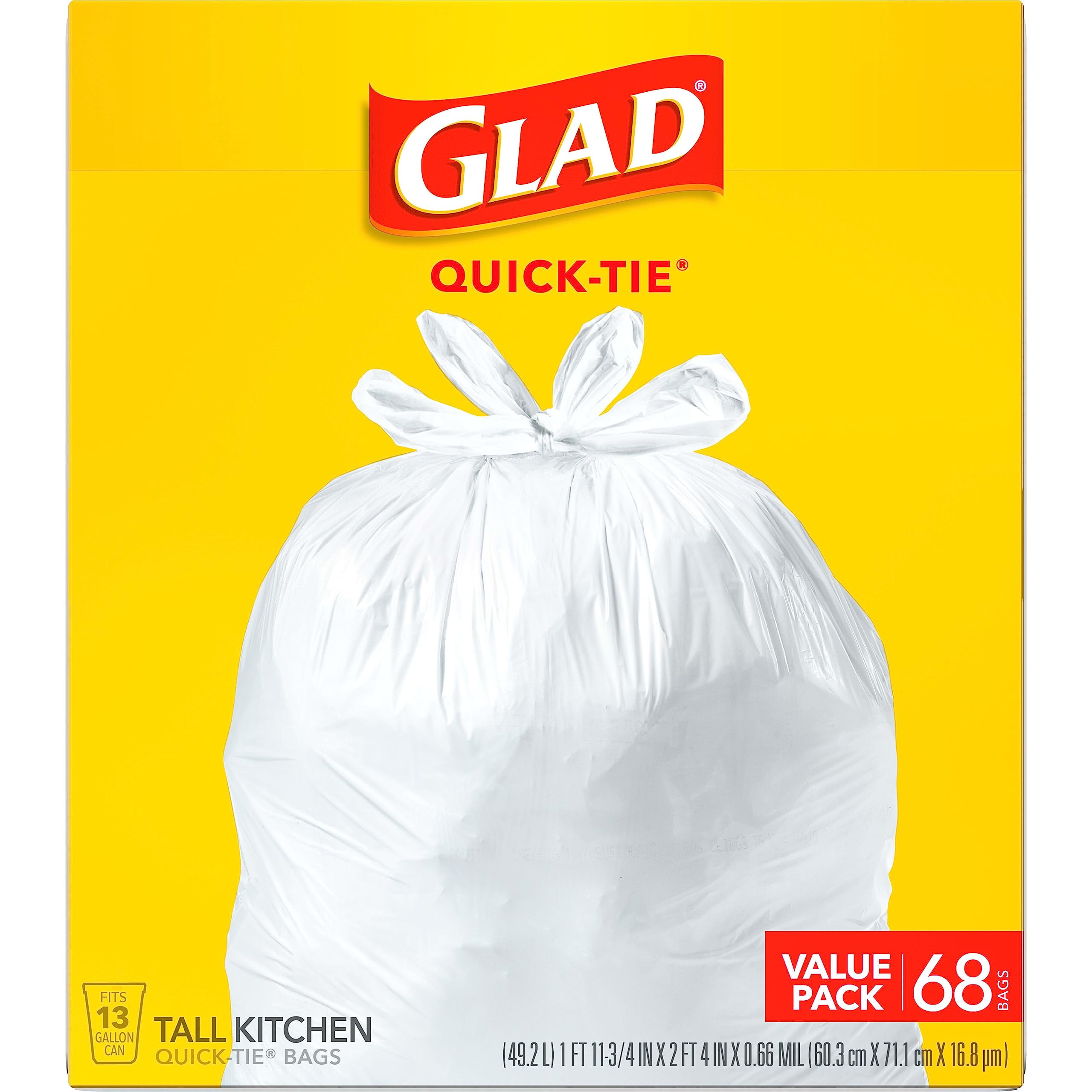Glad Tall Kitchen Trash Bags 13 Gallon, Unscented Garbage Bags, Quick-Tie, 68 Count — Residential Use, Standard Application