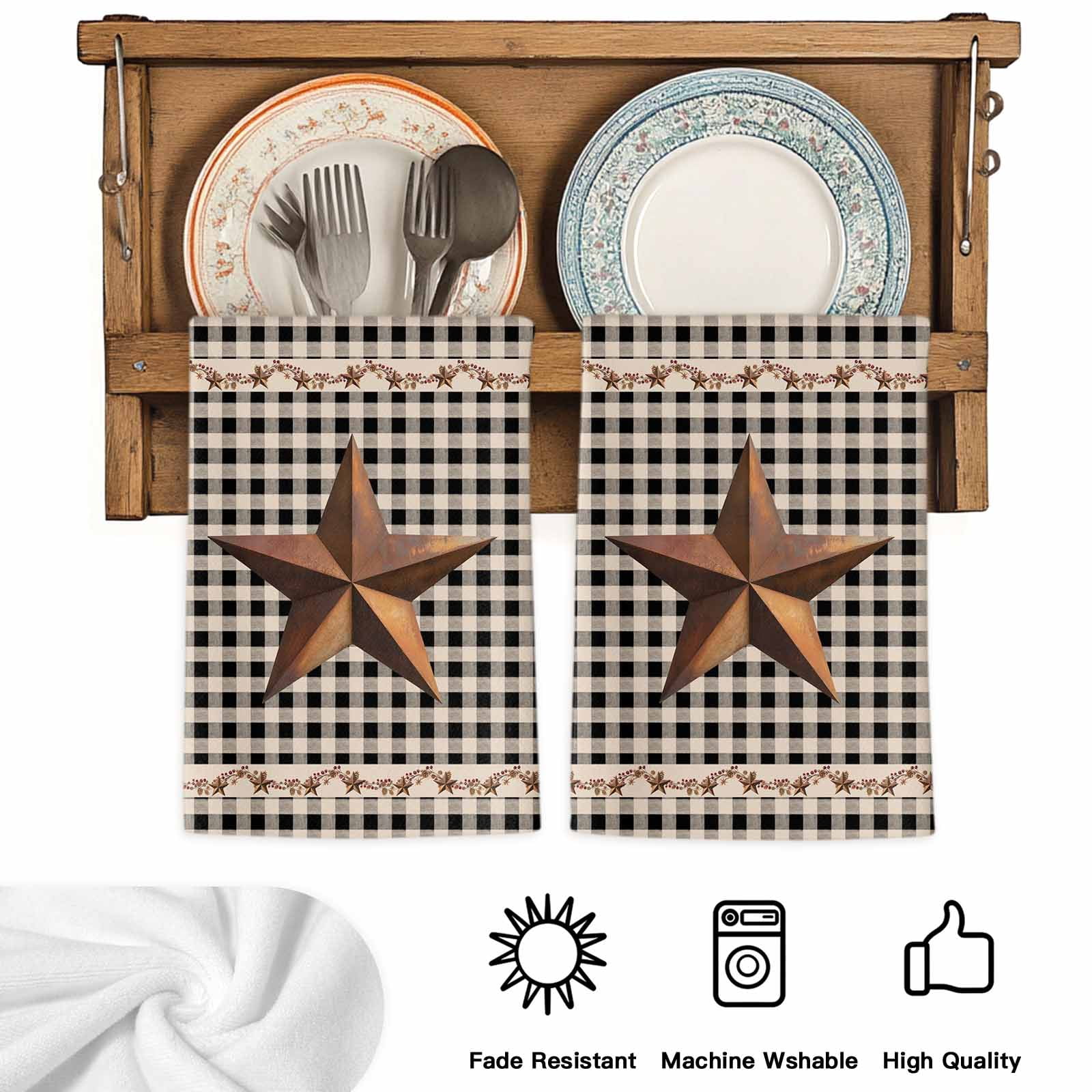 Texas Star Vintage Kitchen Towels Set of 2, Retro Country Brown Stars Checkered Absorbent Dish Towels for Kitchen, Microfiber Hand Towel, Quick Drying Tea Towel for Cleaning Decorative Dishcloths