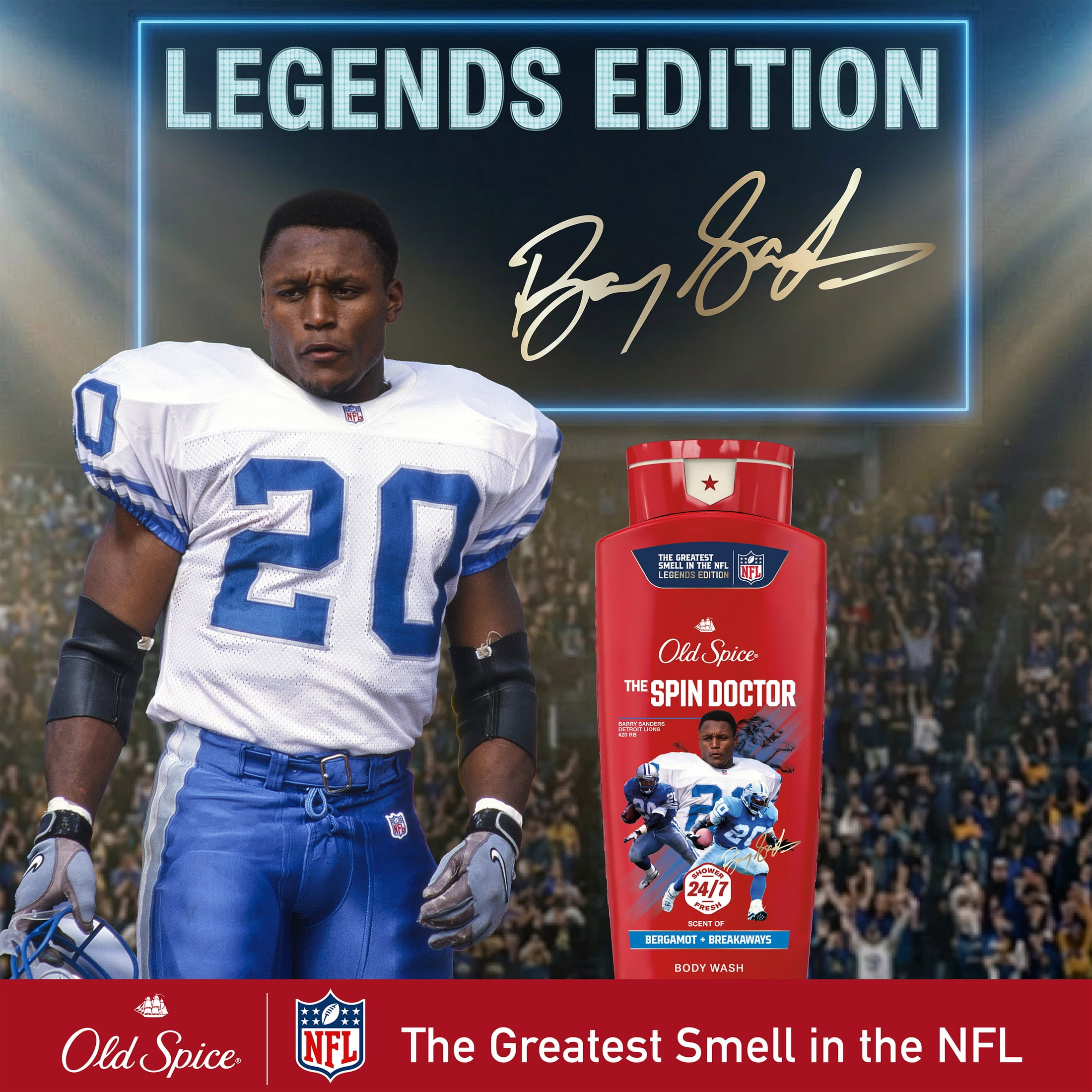 Old Spice Body Wash for Men, NFL Collection, Barry Sanders, Scent of Bergamot + Breakaways, 24 fl oz