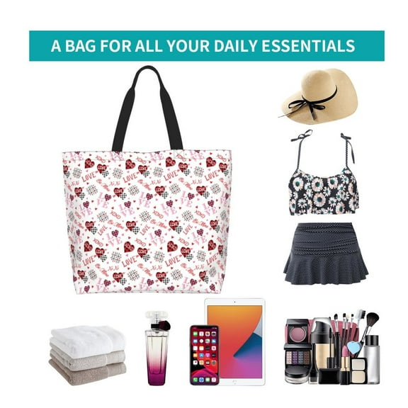 Ratiio Valentine's Day Print Reusable Grocery Bags - Washable, Foldable, Packable Tote, Large Handles, Heavy Duty, Zippered Top Pouch