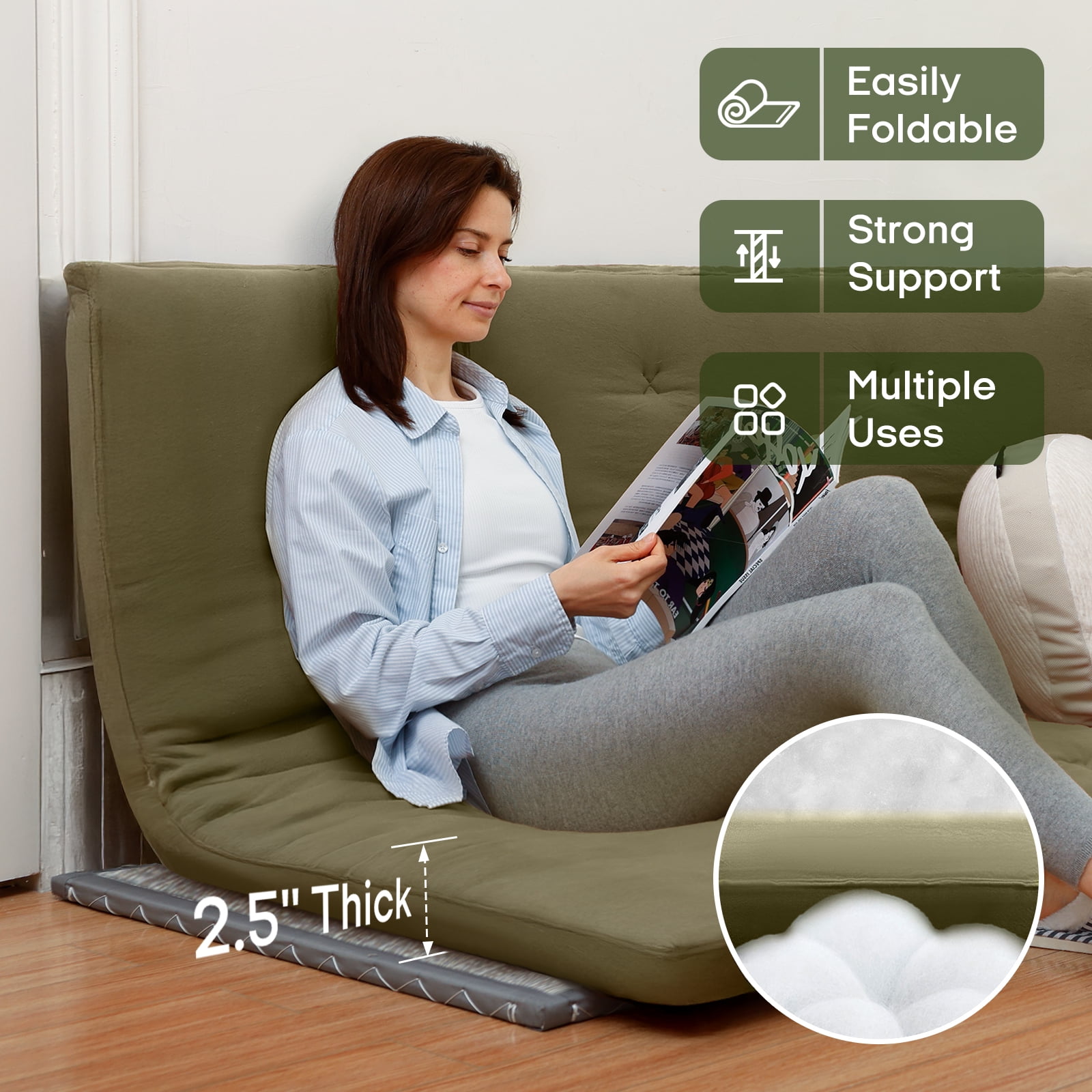 Zonli Japanese Floor Futon Mattress, 2.5" Cotton Folding Tatami Pad, Queen 80"x60", Green