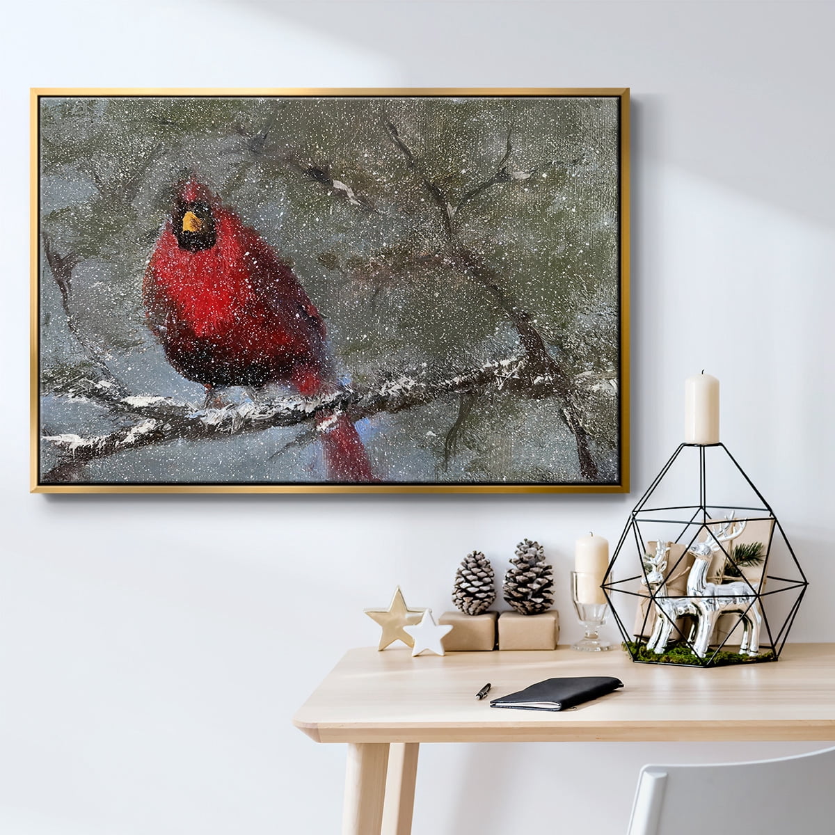 Cardinal in Snow I - Framed Gallery Wrapped Holiday Canvas - 25 x 37 - Gold Frame