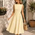 thumbnail image 2 of FRSASU Women's Cotton Linen Dress Sleeveless Round Neck Striped Midi Dress Drop Waist Flared Swing Pleated Tank Sundresses Yellow, 2 of 7