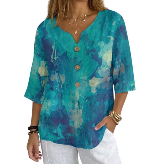Xoenoiee Paint Splatter Print Womens 3/4 Sleeve Tops Cotton Linen Shirts V Neck Lace Casual Loose Fit Blouses Button Down Boho Tees, Size S