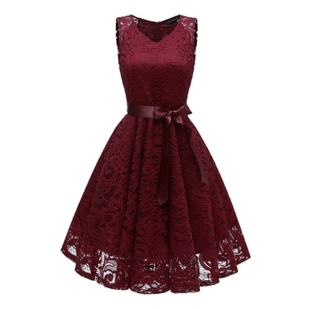 Lace Tea Dress - UKAP Women's Sleeveless Vintage Floral Lace Elegant V Neck Cocktail Formal Bridesmaid Swing Tea Dress