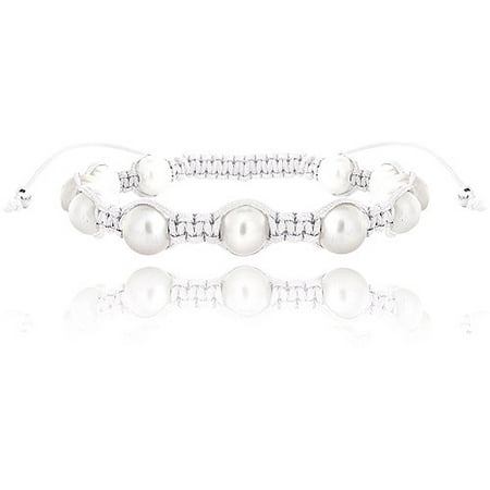 - 7.5-8mm White Freshwater Cultured Pearls Shamballa Adjustable Bracelet, 7.5