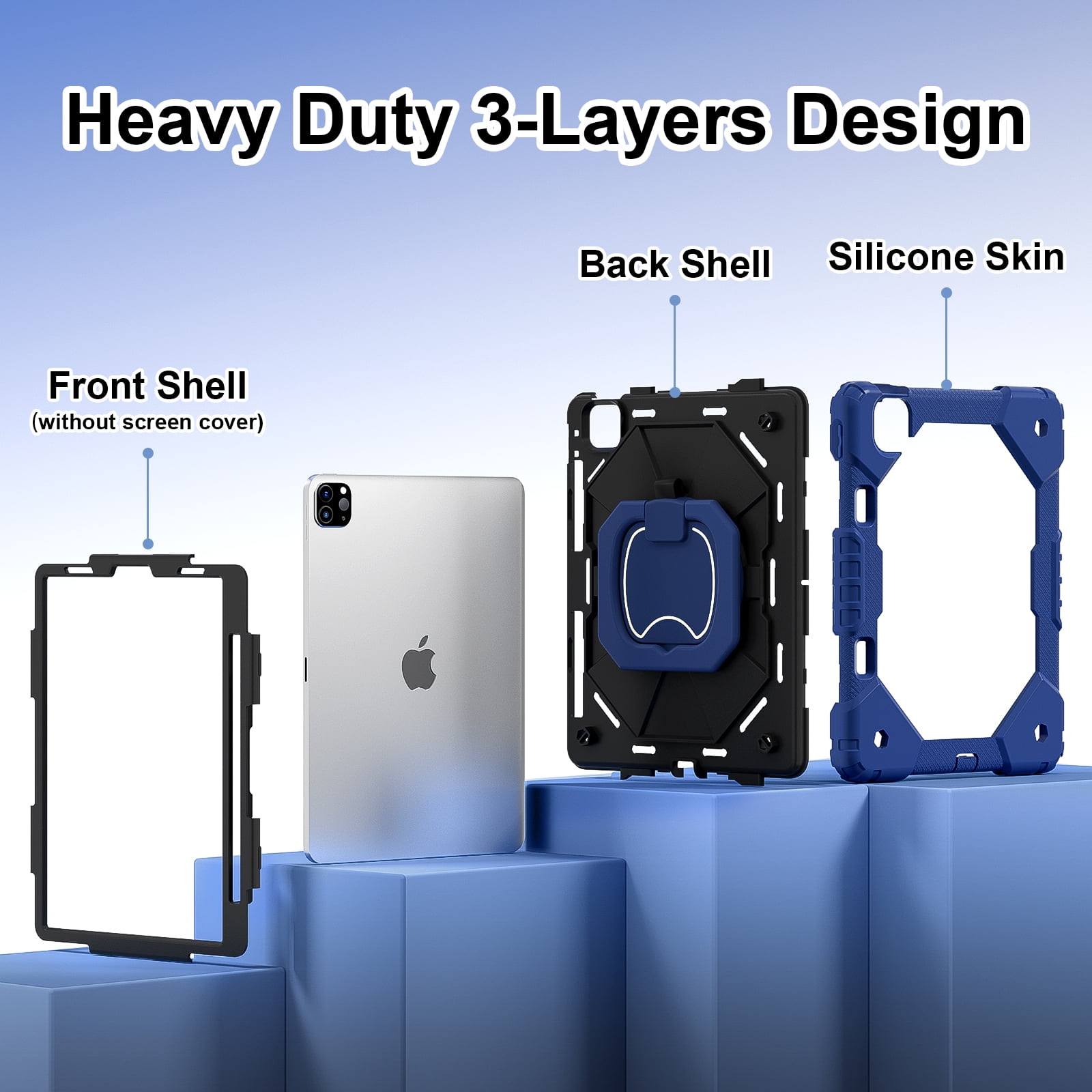 Dteck with Pencil Holder Case for iPad Pro 11-inch 4th 3rd 2nd 1st Gen,iPad Air 5th/4th Generation Heavy Duty Silicone Case 360 Degree Rotating Handle Stand Cover with Shoulder Strap,Navy+Black