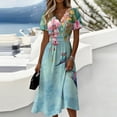 thumbnail image 2 of Watercolor Floral Print Dress for Women V Neck Short Sleeve Dress A Line Midi Casual Summer Outfit Flowy Lightweight Party Wear Vacation Boho Chic Light Green XXXL, 2 of 6