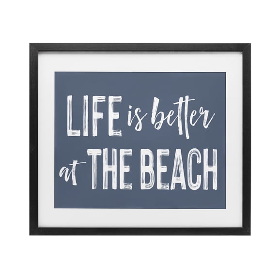 Life Better At Beach Blue Black Framed Print Under Glass, design by Lettered and Lined