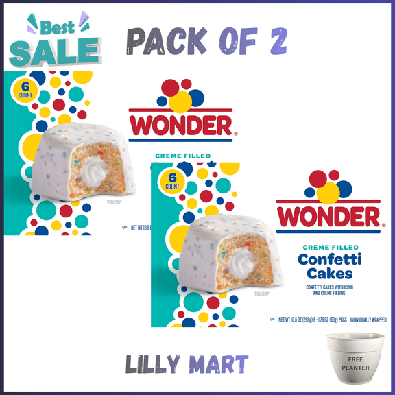 Wonder Crème Filled Confetti Cakes, Birthday Cake Inspired Snack Cakes, 10.5 oz, 6 Count pack of 2