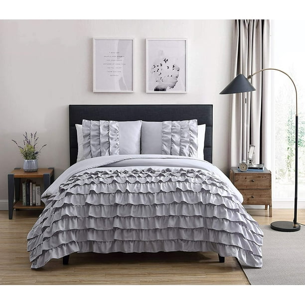 Chezmoi Collection Ella 3 Piece Gray Shabby Chic Waterfall Ruffled Comforter Set King Size Com Chezmoi Collection Ella 3 Piece Gray, Gray Ruffle King Bedding