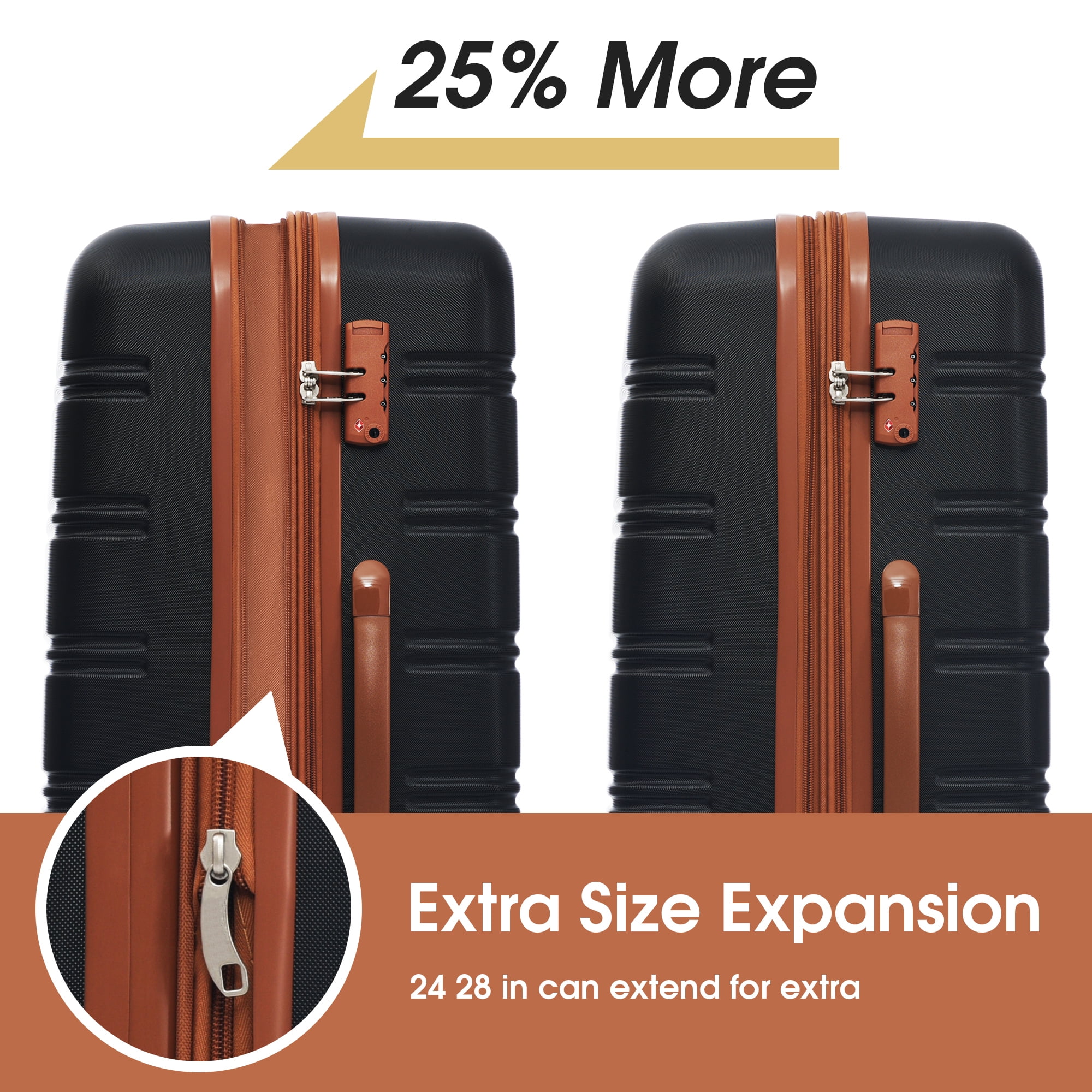 EUROCO 13-Piece  Luggage Set,Lightweight  ABS Hard Suitcases  with Spinner Wheels and TSA Lock,Durable Waterproof Travel Luggage (16"/20"/24"/28"),Black+Brown