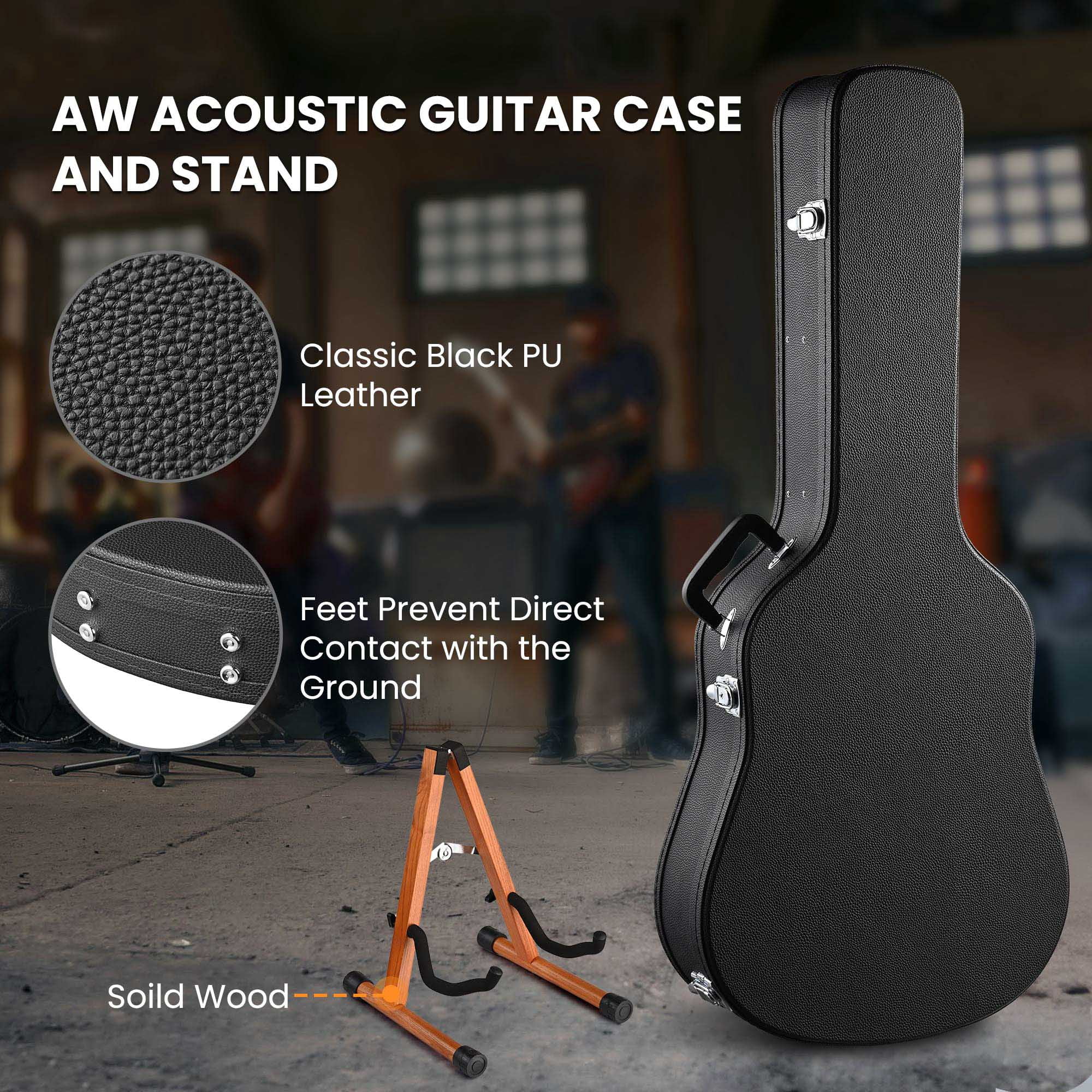 Yescom Acoustic Guitar Hard Case Wooden Hard Shell w/ Wood Folding Guitar Stand
