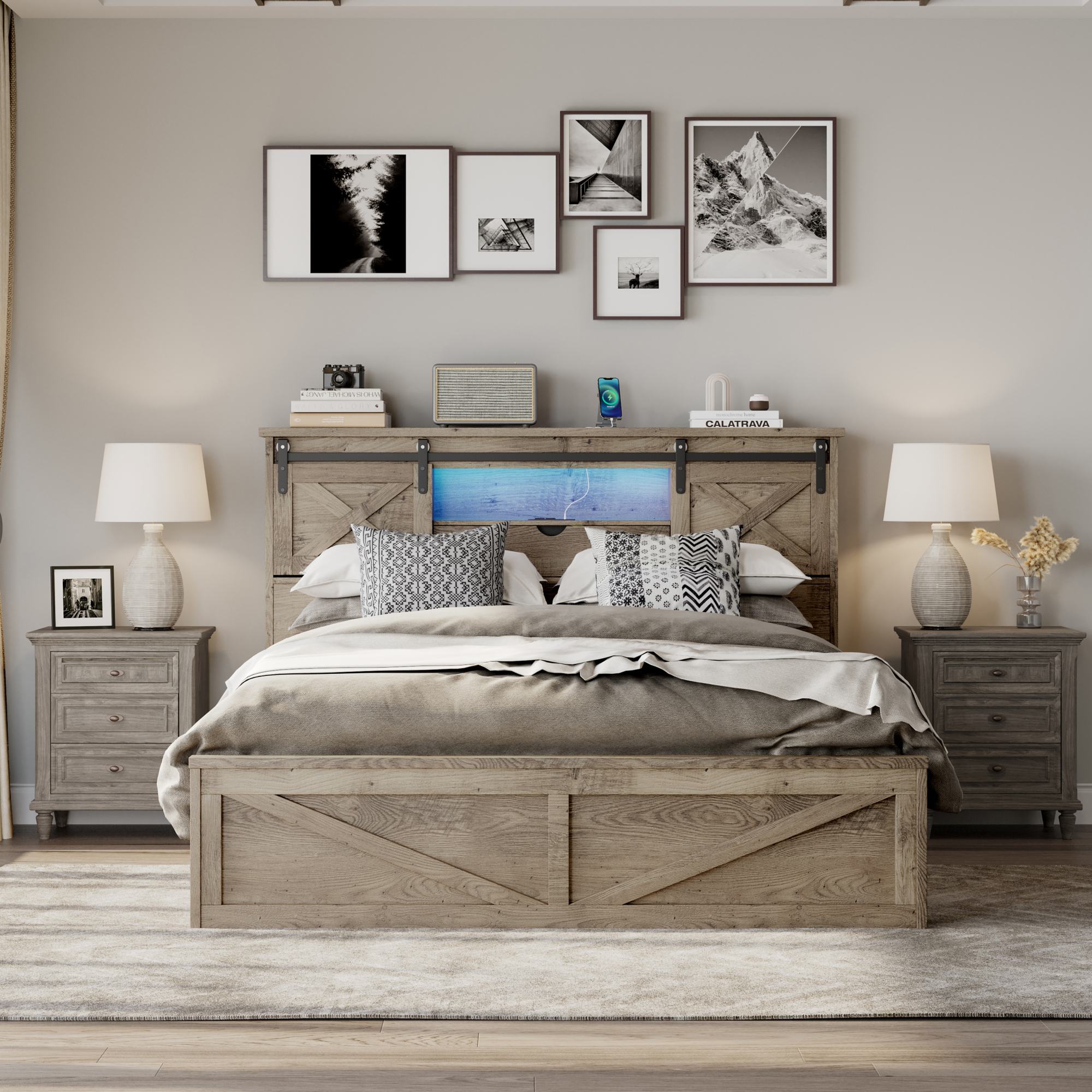 Jopath Queen Size Farmhouse Bed Frame with LED Lights and Charging Station, Wooden Queen Bed with 2 Storage Drawers, Rustic Headboard with Sliding Barn Door Storage Cabinets for Teens Adult