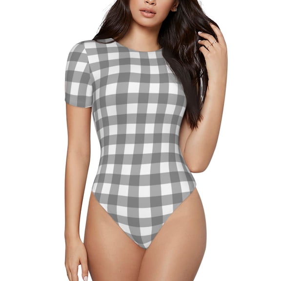 Vsdgher Gray Checkboard Prinr Short Sleeve Body suit for Womens, Sexy Onesie One Piece Round Neck Bodysuit Shapewear Tummy Control-Small