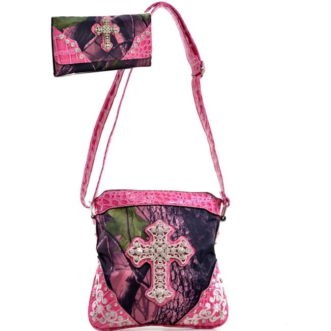 Gold Rush MG21WC106SET-PK - Sac Messager Broderie Croisée en Strass avec Portefeuille Assorti - Rose & CAM