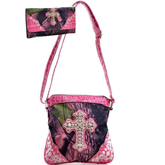 Gold Rush MG21WC106SET-PK - Sac Messager Broderie Croisée en Strass avec Portefeuille Assorti - Rose & CAM