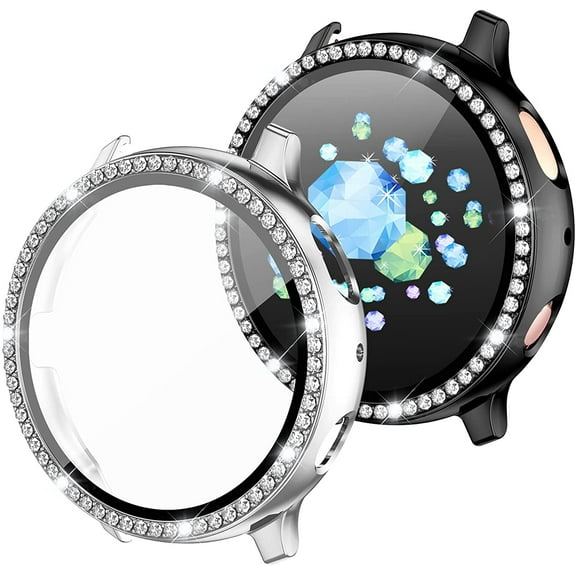 Tianle 2 Pack Compatible with Samsung Active 2 Watch Case 40mm, PC Plating Protective Frame HD Screen Protector with Crystal Diamonds for Galaxy Watch Active 2 Case 40mm Silver/Pure Black