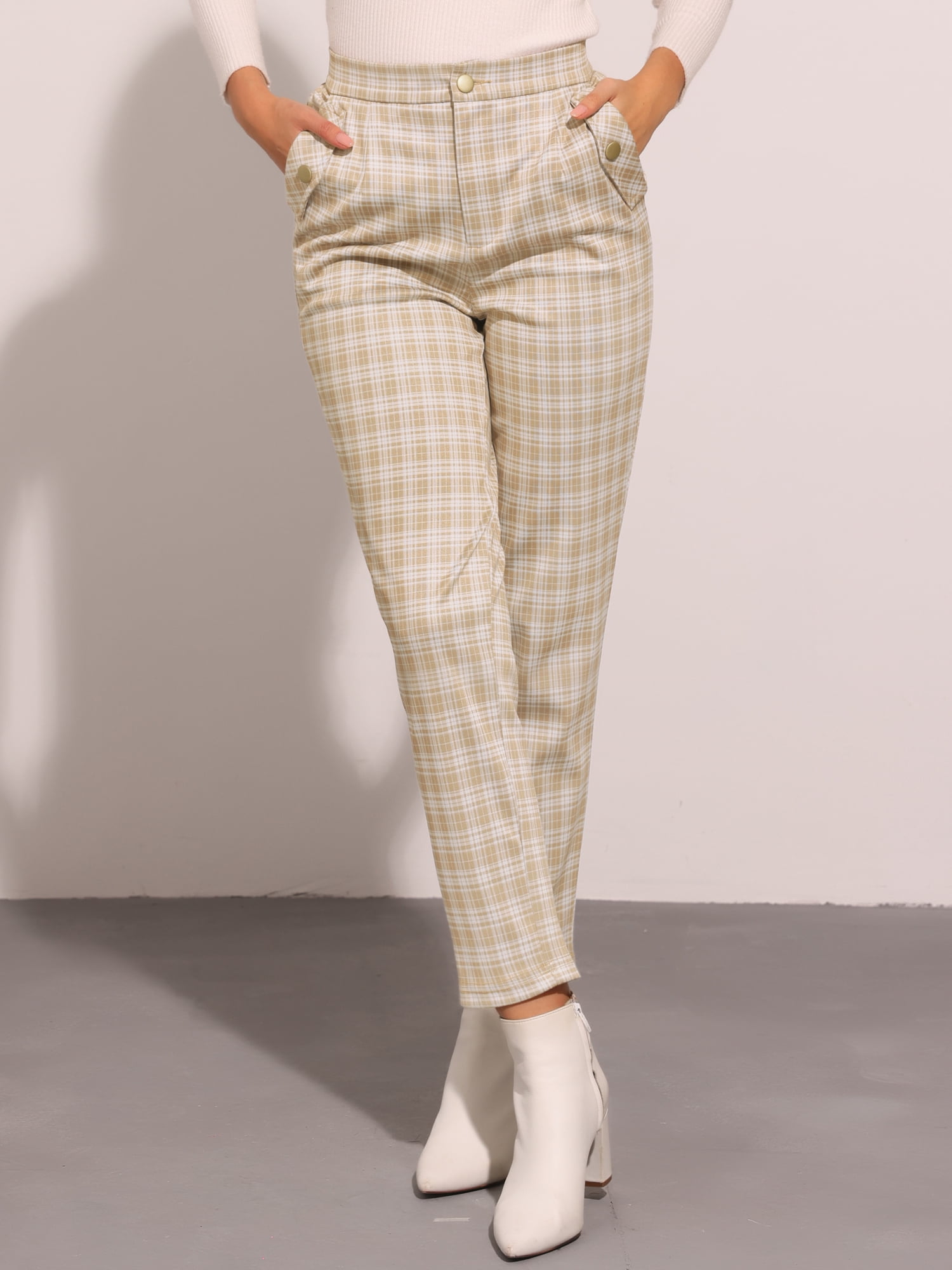 DARING DIVA Women's Tartan Plaid Pants Elastic Waist Straight Trousers L Khaki