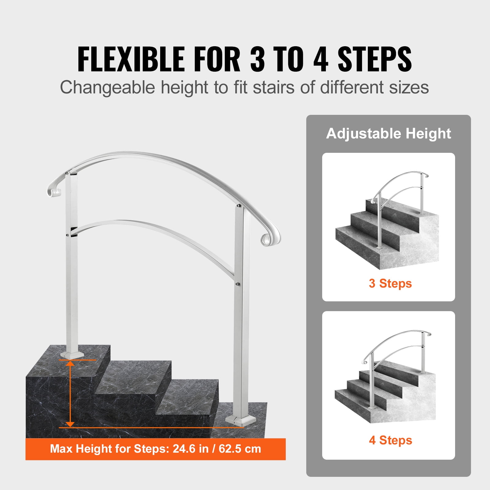 KFFKFF Outdoor Handrails for Steps, Suitable for 1 to 4 Steps, White Wrought Iron Stair Railing, Adjustable Porch Hand Rail, Versatile Handrails for Concrete or Wooden Stairs