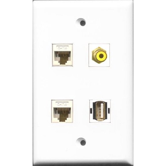 RiteAV 1 Port RCA Yellow and 1 Port USB A-A 2 Port Cat6 Ethernet White Wall Plate