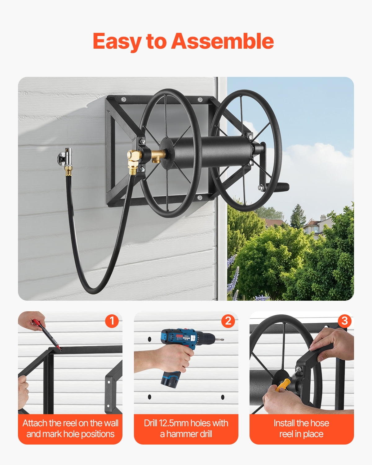 VEVOR Wall Mounted Garden Hose Reel, Holds 200 ft 5/8-inch Manual Water Hose Winder, Heavy-Duty Steel, Outdoor Reel with Brass Fitting & 5ft Leader Hose, Space Saving, for Yard Lawn Garage
