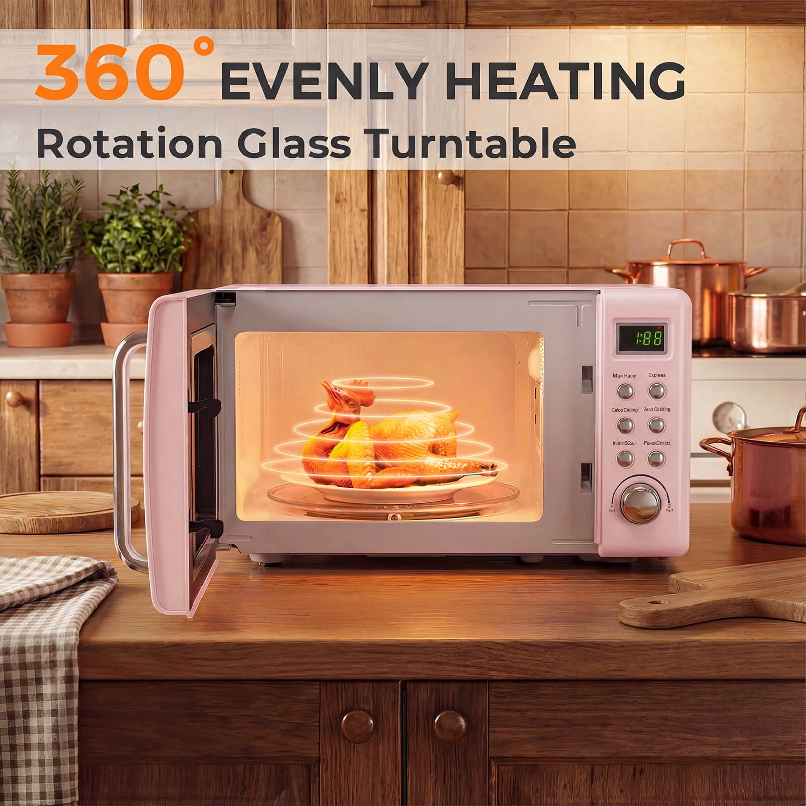 Costway 0.7 Cu.ft Retro Countertop Microwave Oven 700W LED Display Glass Turntable Pink