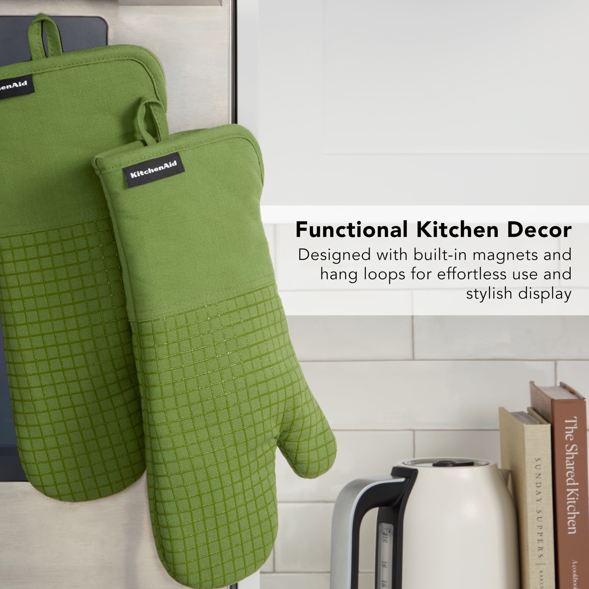 KITCHENAID Gourmet Series Gridlines Oven Mitts 2-Pack Set, Heat Resistant up to 600°F, Soft Silicone Grip, Magnetic Cuff, Matcha Green, 7"x14"