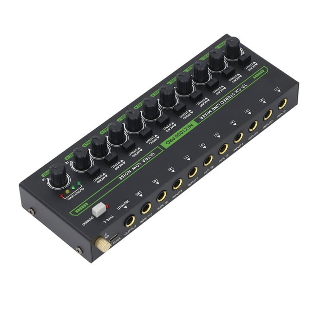 MIX1000 Low Noise 10 Channel Line Mixer, 10 Stereo Channel Mini Audio Mixer with RGB Light, 10 Input 1 Output, Stereo Mono Switching Mixer for Guitar Keyboard Drum Stage