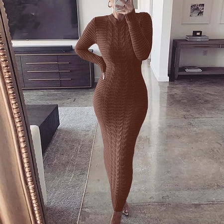 symoid Fall Dresses for Women 2022- Fashion O-neck Solid Hemp Flowers Knitting Long Sleeves Dress Brown XXL