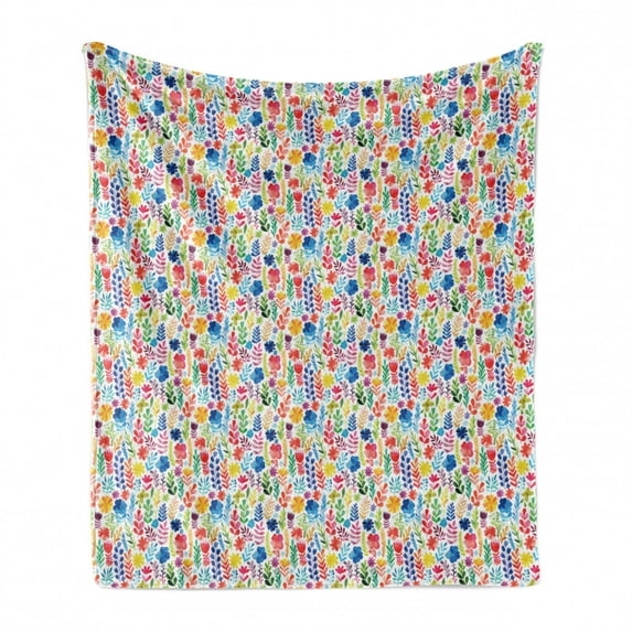 Floral Soft Flannel Fleece Blanket, Vibrant Watercolor Brush Stroked Spring Flowers Tulips Roses Pansies and Wild Herbs, Cozy Plush for Indoor and Outdoor Use, 50" x 60", Multicolor, by Ambesonne