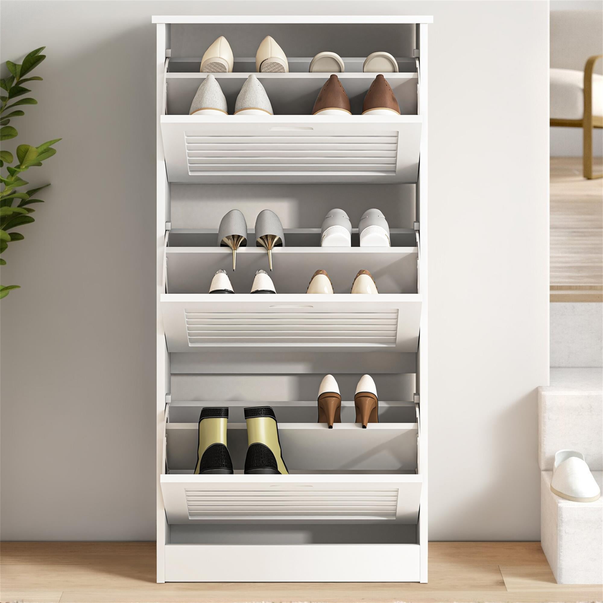 Kadyn Shoe Cabinet, Freestanding Shoe Rack Storage Organizer for Entryway with 3 Flip Drawers, White Wooden Entryway Shoe Storage Organizer Kadyn Shoe Cabinet, Freestanding Shoe Rack Storage Organizer for Entryway with 3 Flip Drawers, White Wooden Entryway Shoe Storage Organizer