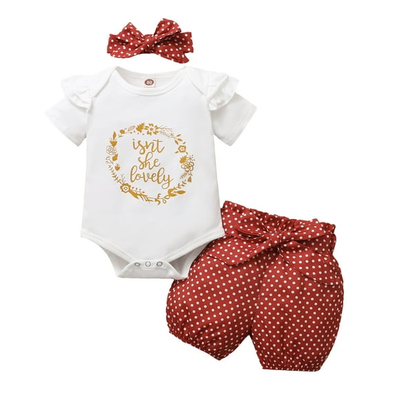 Kucnuzki 0 Months Baby Girl Summer Outfits Shorts Sets 3 Months Short Sleeve Gold Garland Prints One-pieces Romper Elastic Dot Prints Shorts Headband 3PCS Set Red