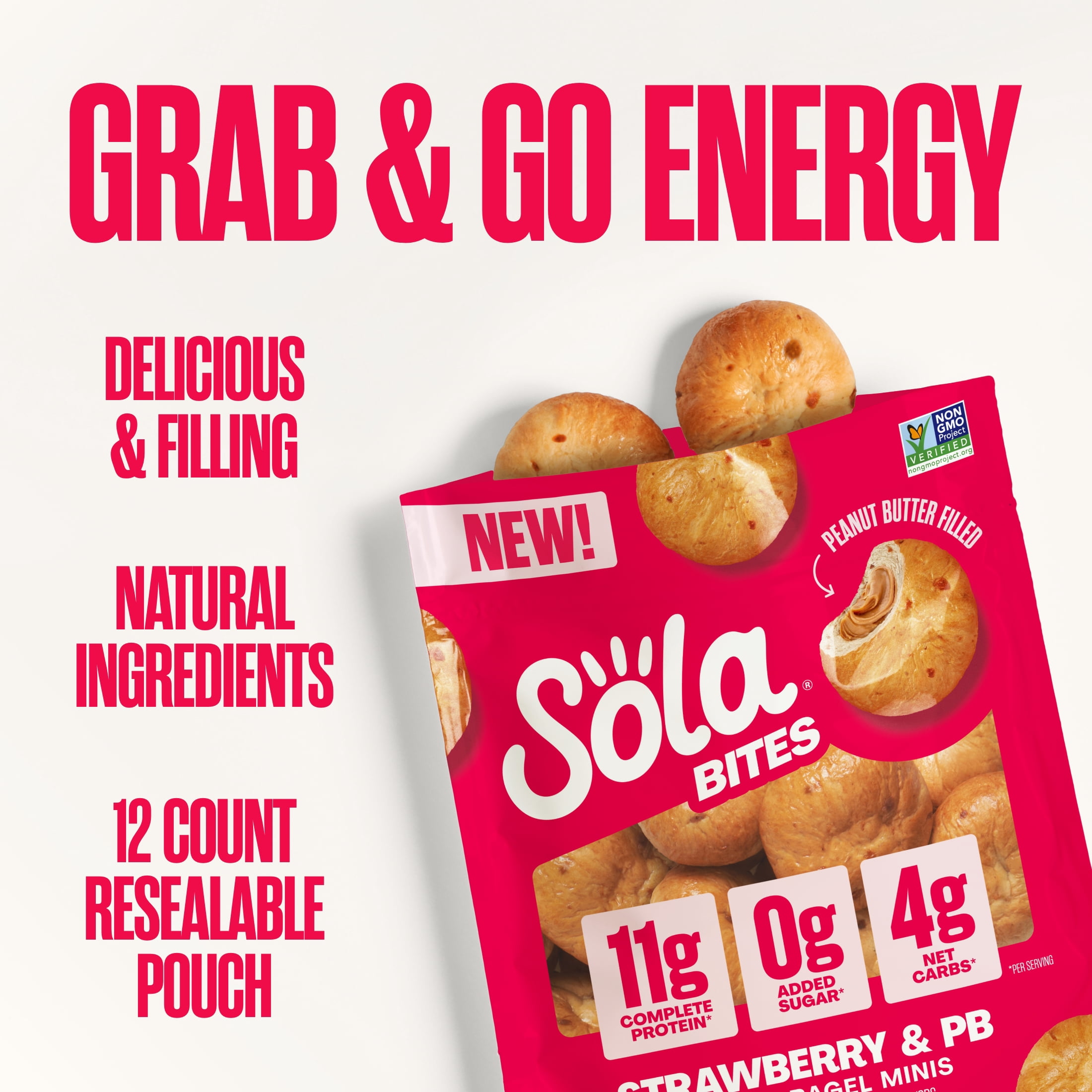 Sola PB Stuffed Strawberry Bites, 12 Energy Bites, Resealable Pouch