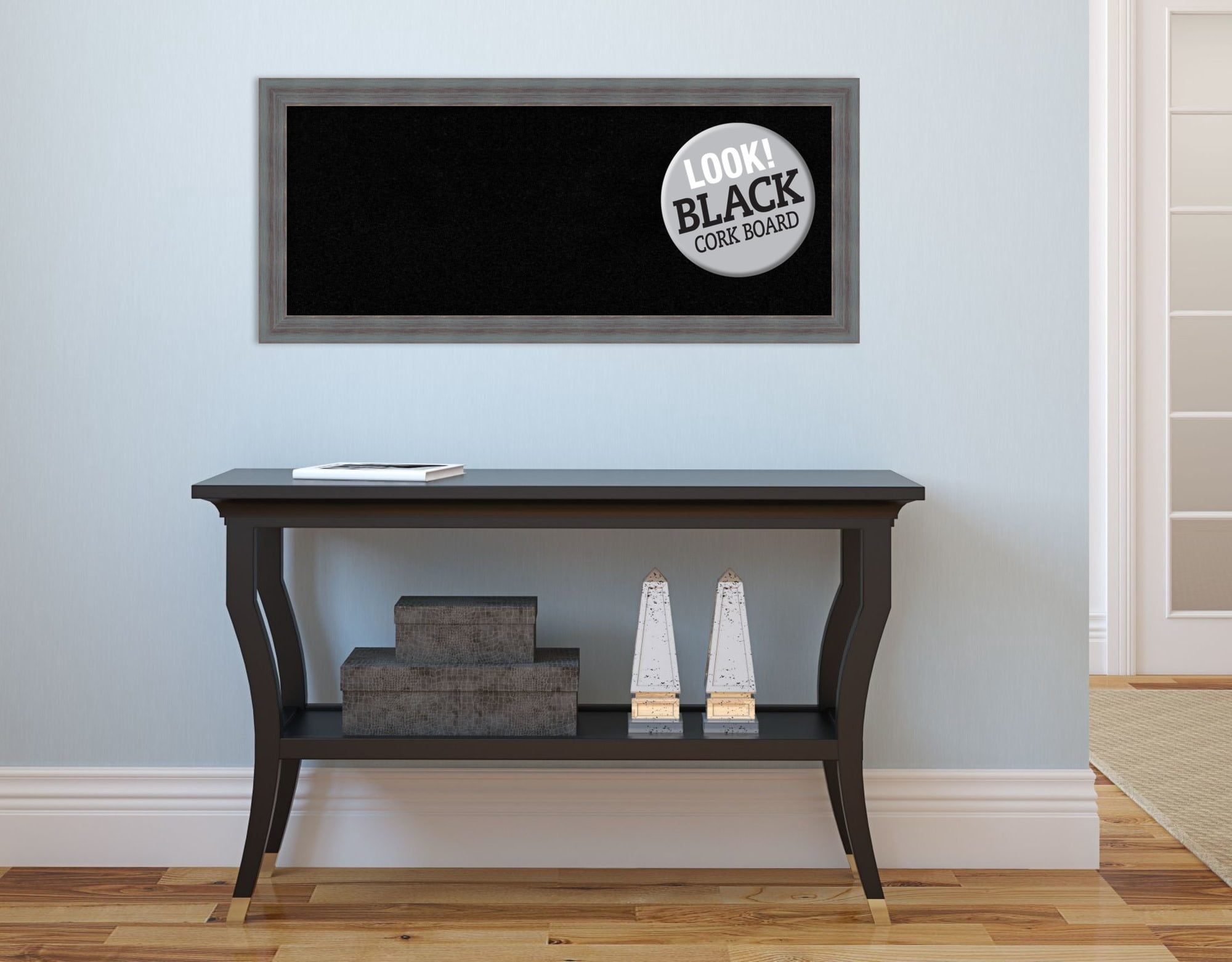 Amanti Art Grey Cork Board Wood Framed Dixie Blue Grey Rustic Bulletin Board 32 in. x 14 in.