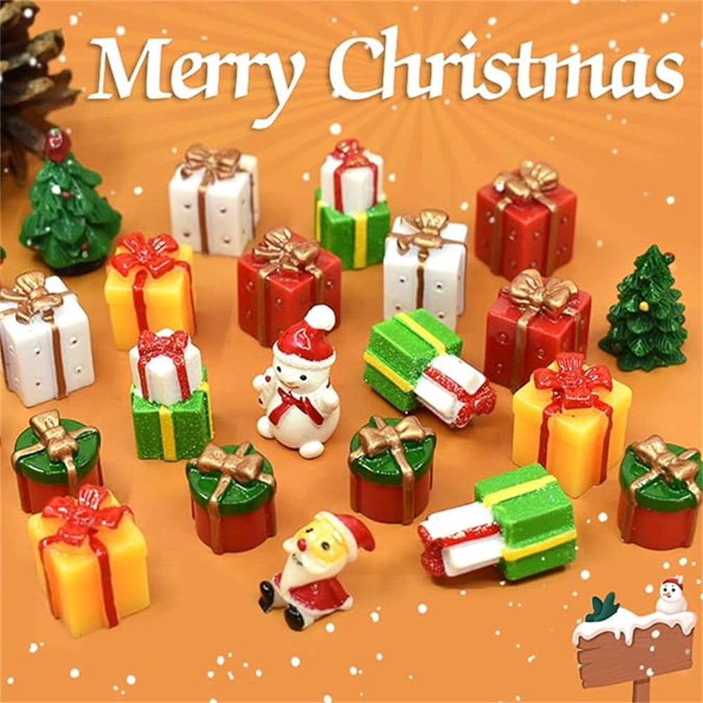 NOGIS 50 Pcs Christmas Miniature Resin Gift Boxes Multicolor Mini Christmas Ornaments Xmas Miniature Figurines Charms for Craft DIY Garden Accessories (Style A)
