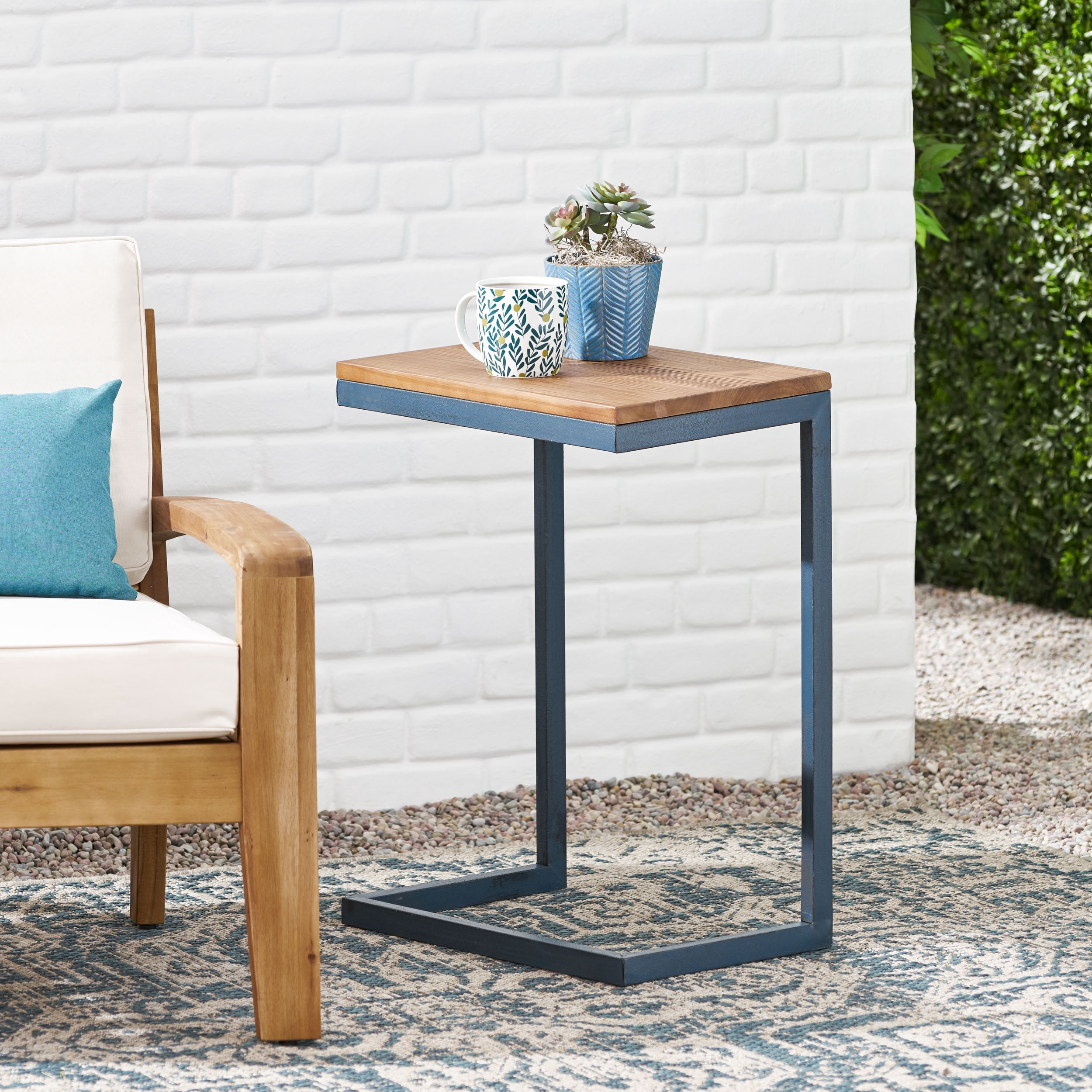 Fir Wood C-Shaped Accent Table, Antique Finish, Iron Base, Nesting Design, 3 Sizes Available